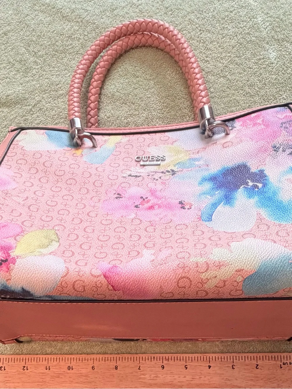 GUESS Pink Floral Logo Tote with Braided Handles